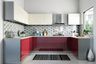Modern U-shaped kitchen design with wine red and cream cabinetry, quartz countertop and backsplash - Livspace