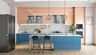 Modern island kitchen design with blue and rose cabinets, tall unit, quartz countertop, and backsplash - Livspace