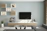 Modern TV unit design with wood and white open and closed storage and spotlights - Livspace