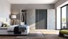 Contemporary sliding wardrobe design in irish brown marble and Slate colour and suede finish laminates - Livspace