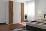 Modern 4-door swing wardrobe design in frosty white and walnut bronze tone and suede finish laminates - Livspace