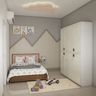 Modern Girls Bedroom with Queen-sized Pink and Wood Bed, Grey and White Wall, and Cloud-shaped False Ceiling -Livspace