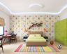 Contemporary kids bedroom design with double bed, wardrobe, study space & owl wallpaper - Livspace