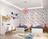 Contemporary kids bedroom design with beds, study space, & beach theme wallpaper - Livspace