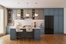 Island kitchen design with blue cabinets