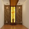 Classic Pooja Room Design with Backlit Marble Panel and Wooden Ceiling Work - Livspace