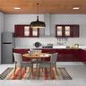 A 3-seater maroon L-shaped kitchen integrated with a 3-seater wood and grey dining table, showcasing the perfect harmony of form and function - Livspace