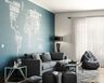Blue and white world map wallpaper with wordings in a modern style, ideal for living rooms, perfect for travel enthusiasts. Customize to reflect your passion for exploration. - Livspace