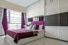 Modern Master Bedroom Design with Purple Headboard, Sliding Wardrobe, and Wall-Mounted Shelves - Livspace