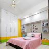 Space-Saving Kids Bedroom Design WIth Queen-Size Bed, Wall-Mounted Loft Storage And White Glossy 4-Door Swing Wardrobe - Livspace