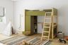 Olive green space-saving bedroom with a built-in study table and storage unit - Livspace