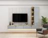 TV unit design with wall-mounted drawer and grooved backdrop - Livspace