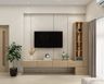 American Walnut finish TV unit design with wall-mounted drawer and cream backdrop - Livspace
