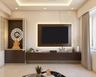 Canadian Walnut TV unit design with wall mounted drawer with pooja unit - Livspace