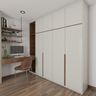 Spacious 4-Door White Swing Wardrobe With Integrated Wooden Study Table - Livspace