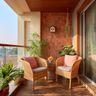 Tropical Balcony Design with Wooden Accent Wall and Rattan Seating
