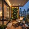 Modern Balcony Design with Backlit Vertical Garden and Wooden Deck