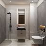 White and Grey Transitional Bathroom Design with Backlit Mirror and Storage Unit