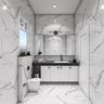 Modern Bathroom Design with Beige Marble and Storage Vanity