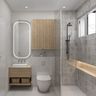 Scandinavian Bathroom Design with Oval Mirror and Storage Unit