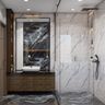 Contemporary Bathroom Design with Blue Black Marble Tiles and Wooden Vanity
