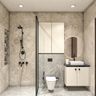 Modern Bathroom Design with Beige Stone Textured Marble Tiles and Backlit Round Mirror