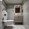 Modern Bathroom Design with Floating Taupe Vanity and Grey Marble Wall Tiles
