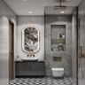 Contemporary Bathroom Design with Black and White Tiles and Floral Motif Oval Mirror