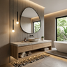 Beige Contemporary Bathroom Design with Asymmetrical Pebble Shaped Mirror