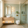Modern Bathroom Design with Glossy Mint Green Vertical Subway Tiles and Floating Vanity