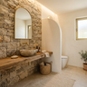 Rustic Beige Bathroom Design with Stone Cladding and Arched Mirror