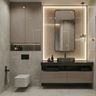Contemporary Bathroom Design with Backlit Wooden Slat Mirror Frames