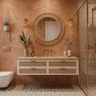 Bohemian Bathroom Design with Rattan Mirror and Terracotta Textured Accent Wall