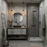 Industrial Bathroom Design with Raw Concrete Walls and Black Metal Ladder Rack
