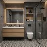 Contemporary Bathroom Design with Black White Geometric Floor and Backlit Mirror