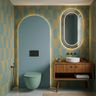 Mid Century Modern Bathroom Design with Freestanding Walnut Tapered Vanities