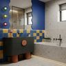 Colorful Contemporary Bathroom Design with Blue Yellow Checkerboard Tile Walls