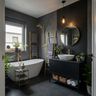 Contemporary Bathroom Design with Grey Herringbone Walls and White Bathtub