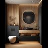 Contemporary Bathroom Design with Black Tiles and Round Mirror
