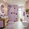 Contemporary Bathroom Design with Lavender Tiles and Glass Shower