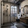 Industrial Grey Bathroom Design with Glass Shower and Black Fixtures