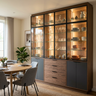 Modern Walnut and Shore Crockery Unit with Tall Clear Glass Showcase Display Cabinets