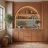 Terracotta Mediterranean Crockery Unit Design with Open Shelves and Storage Drawers