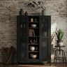 Charcoal and Wood Modern Crockery Unit Design with Mesh Door Shelving