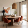 Minimal Dining Room Design with Sideboard Storage and Orange Chairs