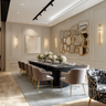 Modern Dining Room Design with Rectangular Table and Statement Mirror