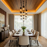 Rectangular Contemporary False Ceiling Design with Painted Louvers and Chandelier