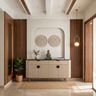 Contemporary Japandi Wall Design with Warm Ivory Plaster and Walnut Slats