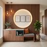 Contemporary Wall Design with Walnut Brown Slats and Backlit Niche