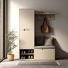 Minimal Beige Foyer Design with Storage Bench and Shoe Cabinet